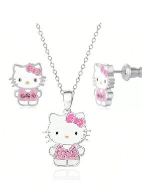 Hello Kitty 3-Piece Rhinestone Necklace Set Silver Charm Pendant
